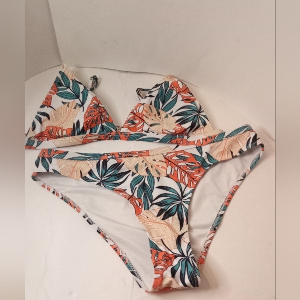 Beachsissi Bikini Palm Leaf Print Women's L 12/14 Green Orange Tan White - Picture 5 of 5